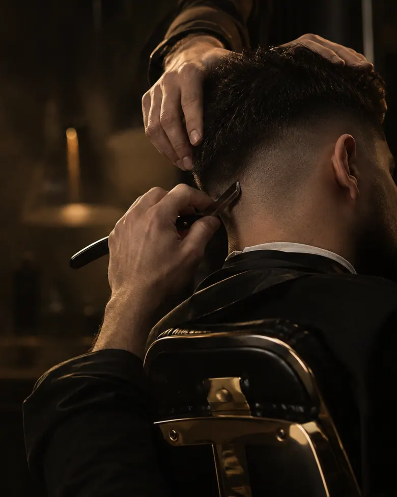 Barbero perfilando la nuca de un cliente con navaja, en penumbra cálida.